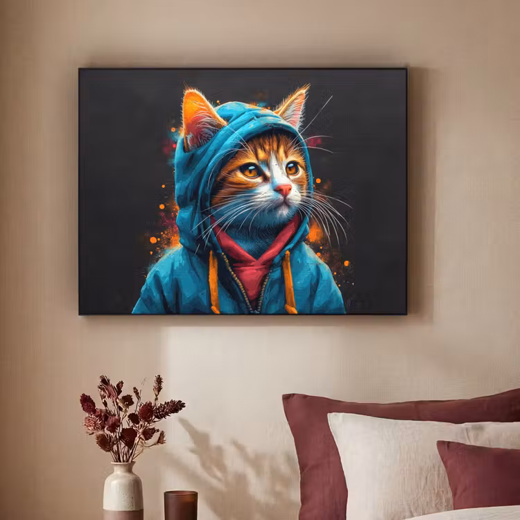 Graffiti - Kat - Zwart - Jas - Street art Textielframe - compleet frame klein -sfeer1