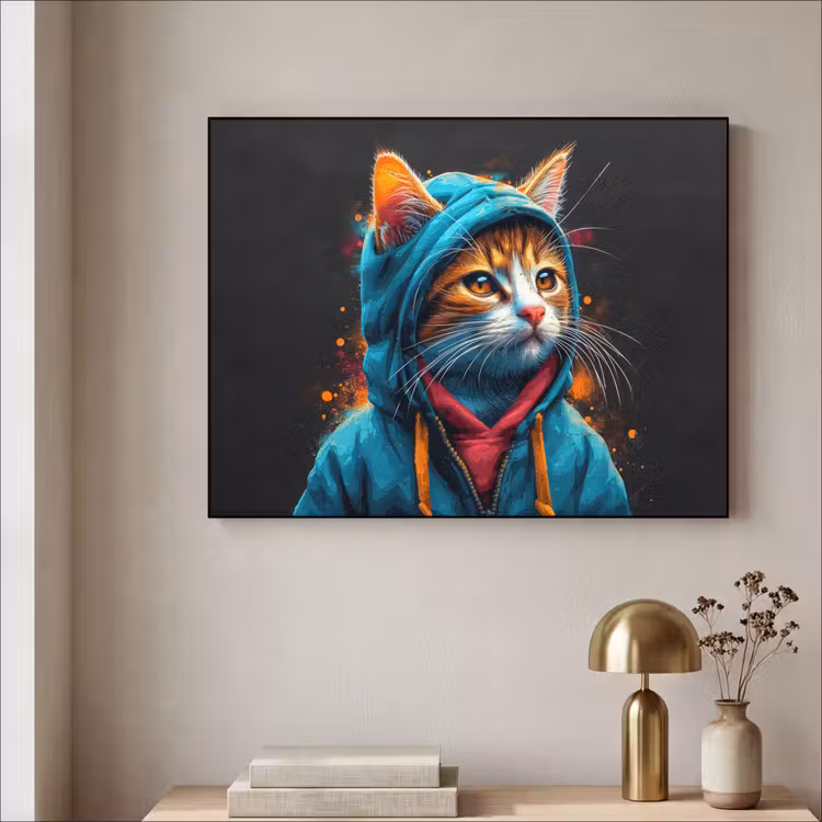 Graffiti - Kat - Zwart - Jas - Street art Textielframe zwart klein -sfeer2