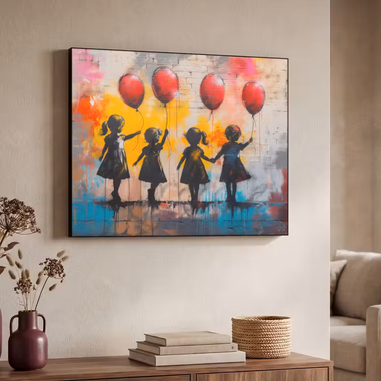 Graffiti - Kinderen - Street art - Ballon - Banksy Style Textielframe zwart klein -sfeer3