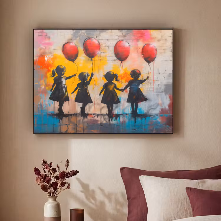 Graffiti - Kinderen - Street art - Ballon - Banksy Style Textielframe zwart klein -sfeer1