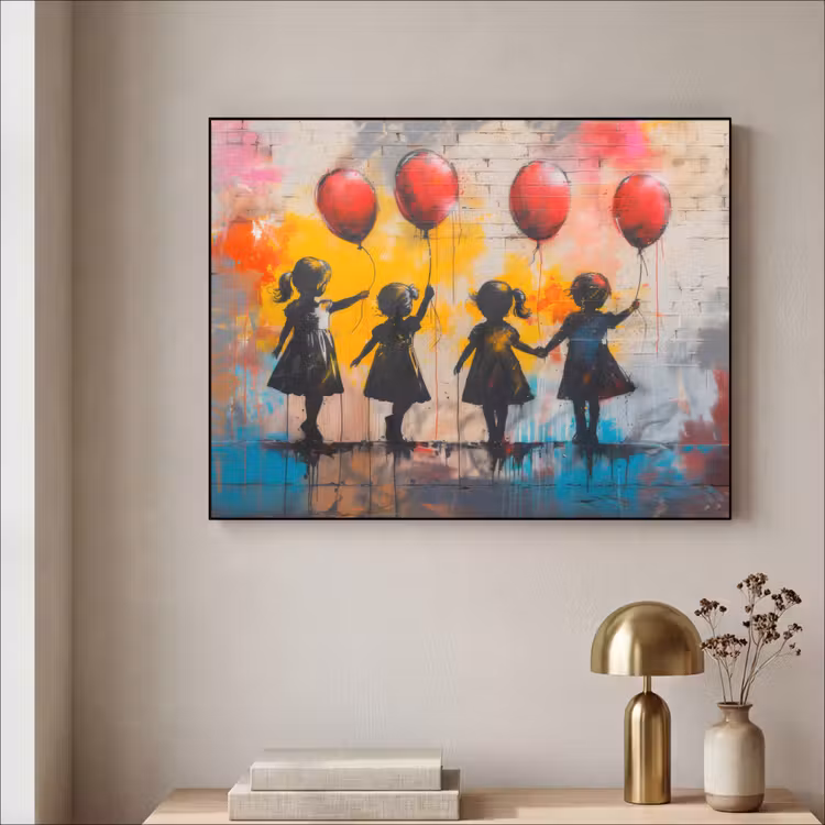 Graffiti - Kinderen - Street art - Ballon - Banksy Style Textielframe zwart klein -sfeer2