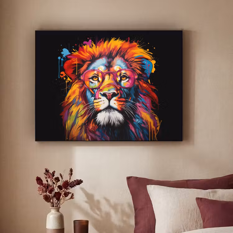 Graffiti - Leeuw - Bril - Zwart - Kleurrijk Textielframe zwart klein -sfeer1