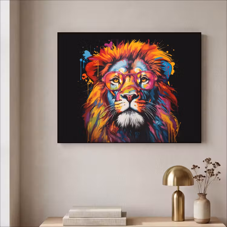 Graffiti - Leeuw - Bril - Zwart - Kleurrijk Textielframe zwart klein -sfeer2