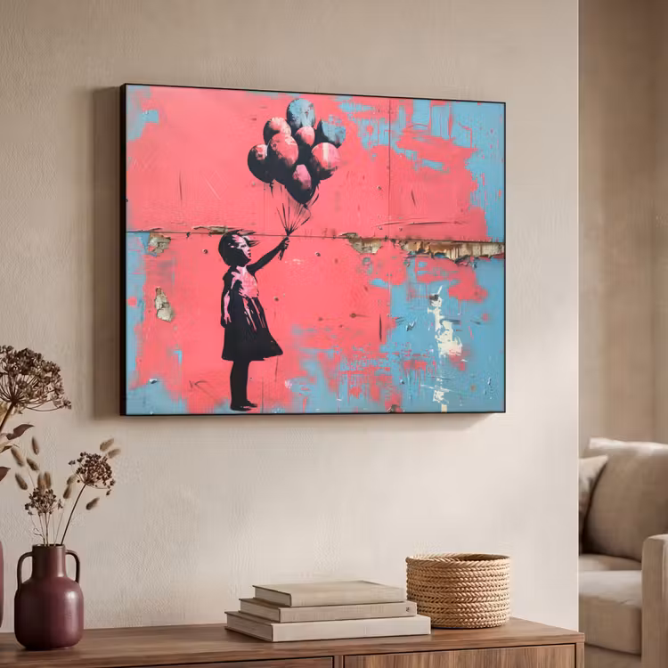 Graffiti - Meisje - Ballon - Roze - Blauw - Street art Textielframe - compleet frame klein -sfeer3