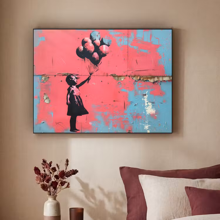 Graffiti - Meisje - Ballon - Roze - Blauw - Street art Textielframe zwart klein -sfeer1