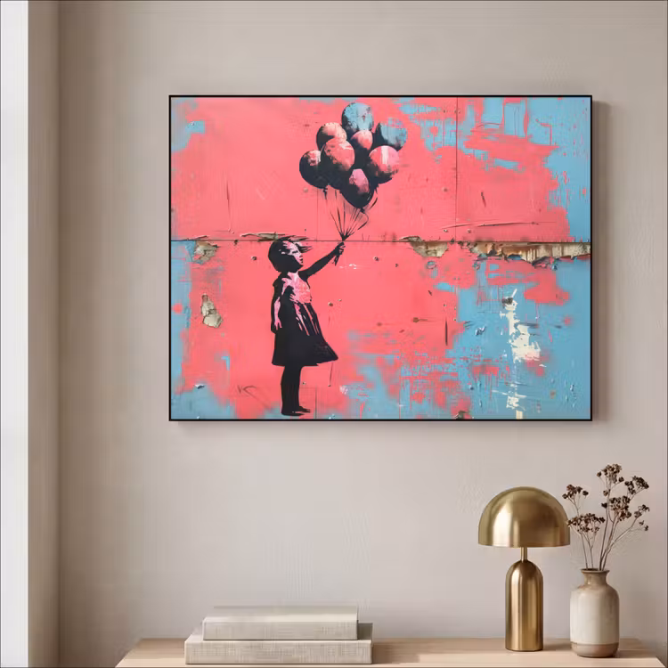 Graffiti - Meisje - Ballon - Roze - Blauw - Street art Textielframe zwart klein -sfeer2