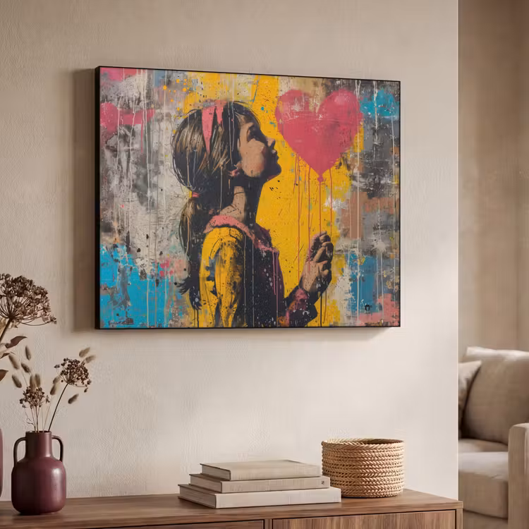 Graffiti - Meisje - Ballon - Street art Textielframe - compleet frame klein -sfeer3