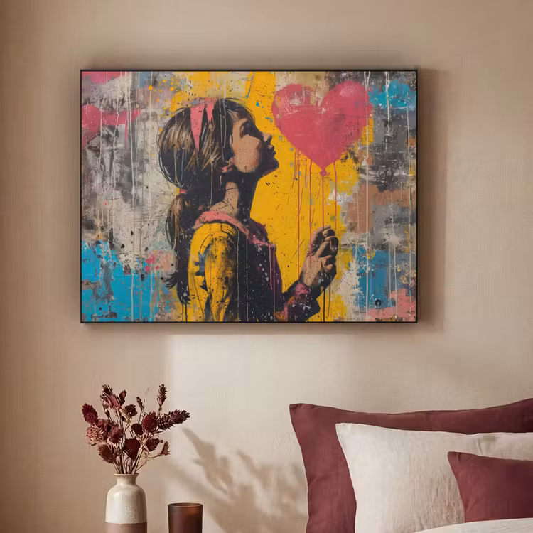 Graffiti - Meisje - Ballon - Street art Textielframe - compleet frame klein -sfeer1