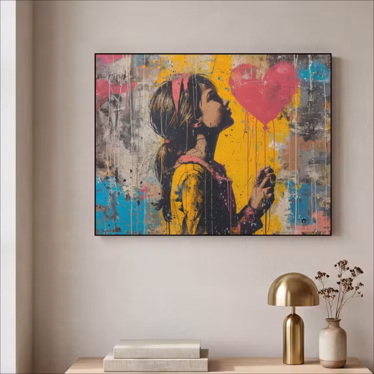 Graffiti - Meisje - Ballon - Street art Textielframe - compleet frame klein -sfeer2