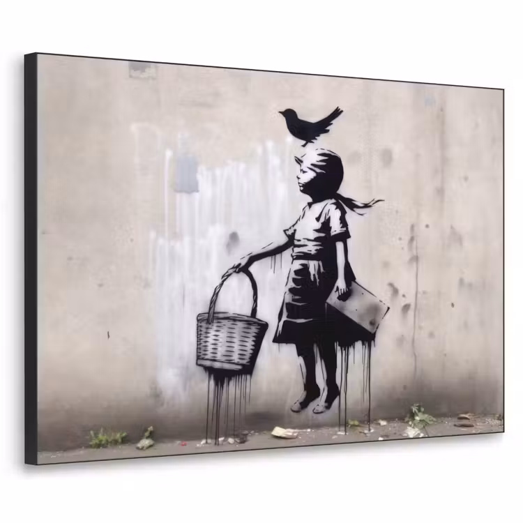 Graffiti - Meisje - Vogel - Street Art - Banksy Style Textielframe - compleet frame klein -3d
