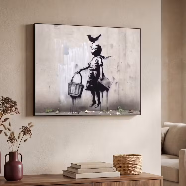 Graffiti - Meisje - Vogel - Street Art - Banksy Style Textielframe - compleet frame klein -sfeer3