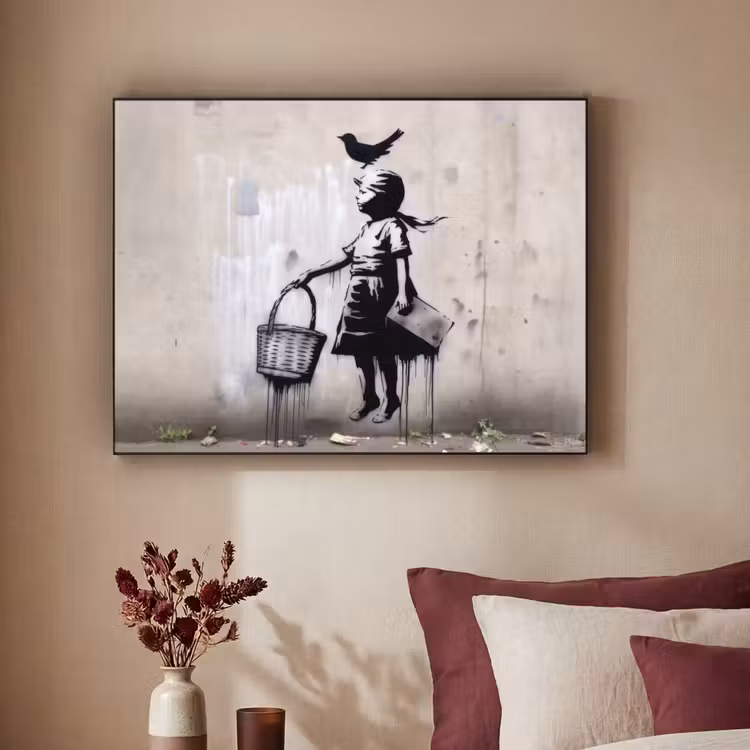 Graffiti - Meisje - Vogel - Street Art - Banksy Style Textielframe zwart klein -sfeer1