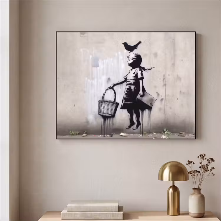 Graffiti - Meisje - Vogel - Street Art - Banksy Style Textielframe zwart klein -sfeer2