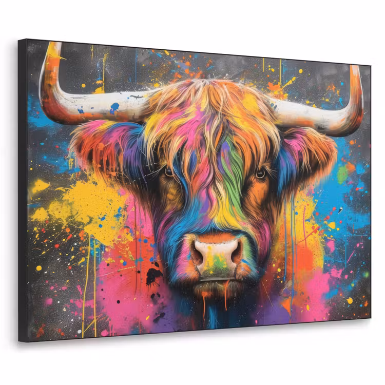 Graffiti - Schotse hooglander - Koe - Kleurrijk Textielframe zwart klein -3d