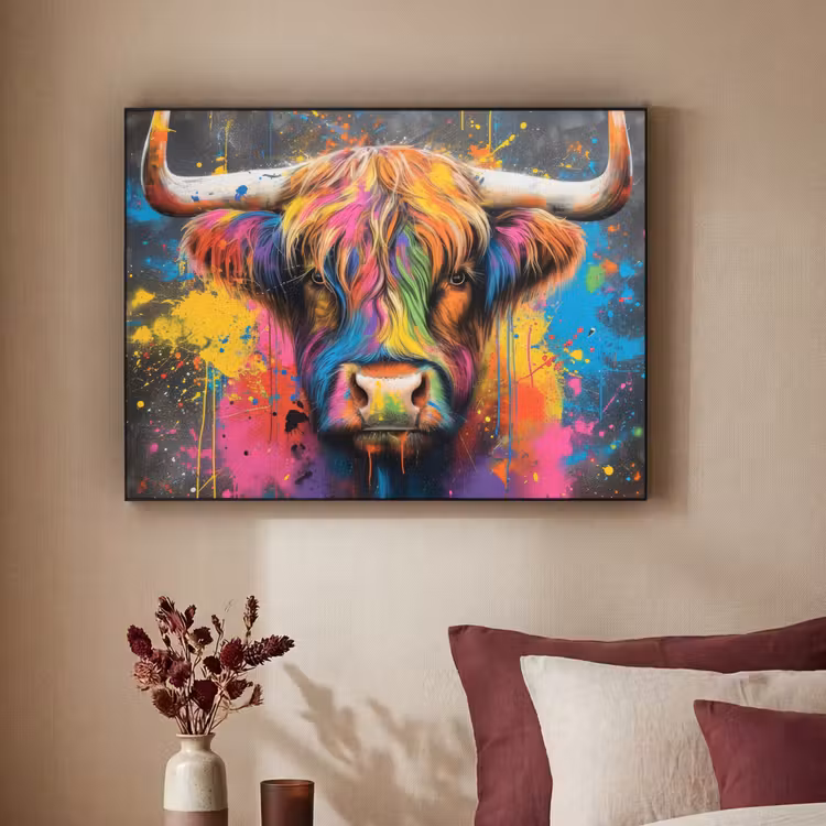 Graffiti - Schotse hooglander - Koe - Kleurrijk Textielframe - compleet frame klein -sfeer1