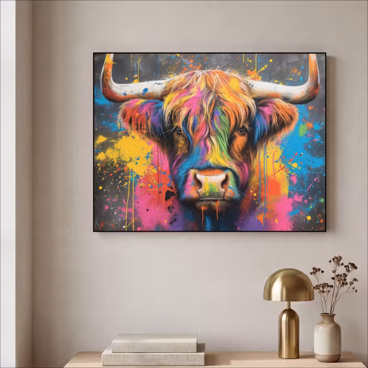 Graffiti - Schotse hooglander - Koe - Kleurrijk Textielframe zwart klein -sfeer2
