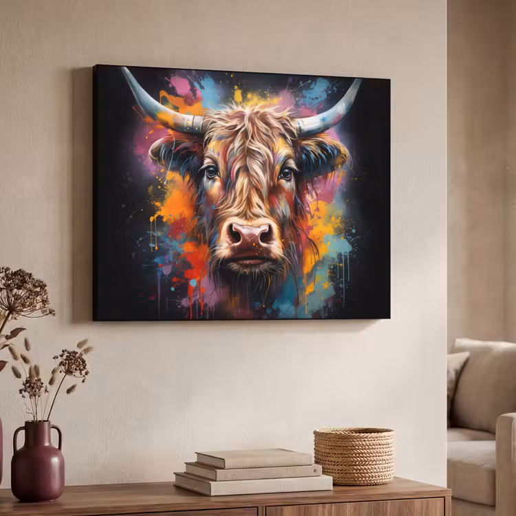 Graffiti - Schotse hooglander - Zwart - Koe Textielframe zwart klein -sfeer3