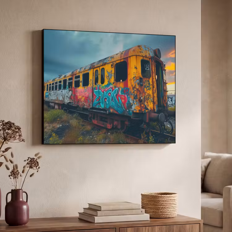 Graffiti - Verlaten trein - Street art Textielframe zwart klein -sfeer3