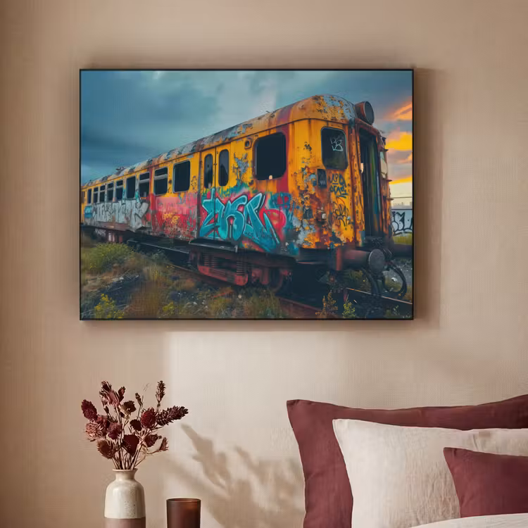 Graffiti - Verlaten trein - Street art Textielframe zwart klein -sfeer1
