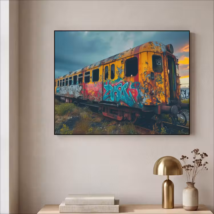Graffiti - Verlaten trein - Street art Textielframe zwart klein -sfeer2