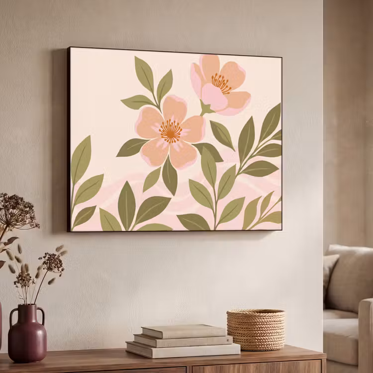 Grafisch - Bloemen - Roze Textielframe zwart klein -sfeer3