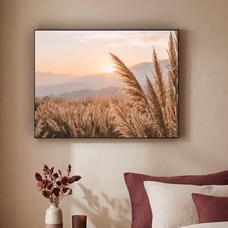 Gras - Veld - Zon - Natuur Textielframe zwart klein -sfeer1