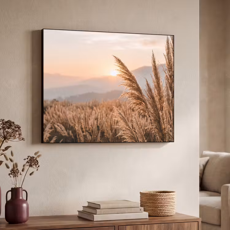 Gras - Veld - Zon - Natuur Textielframe zwart klein -sfeer3
