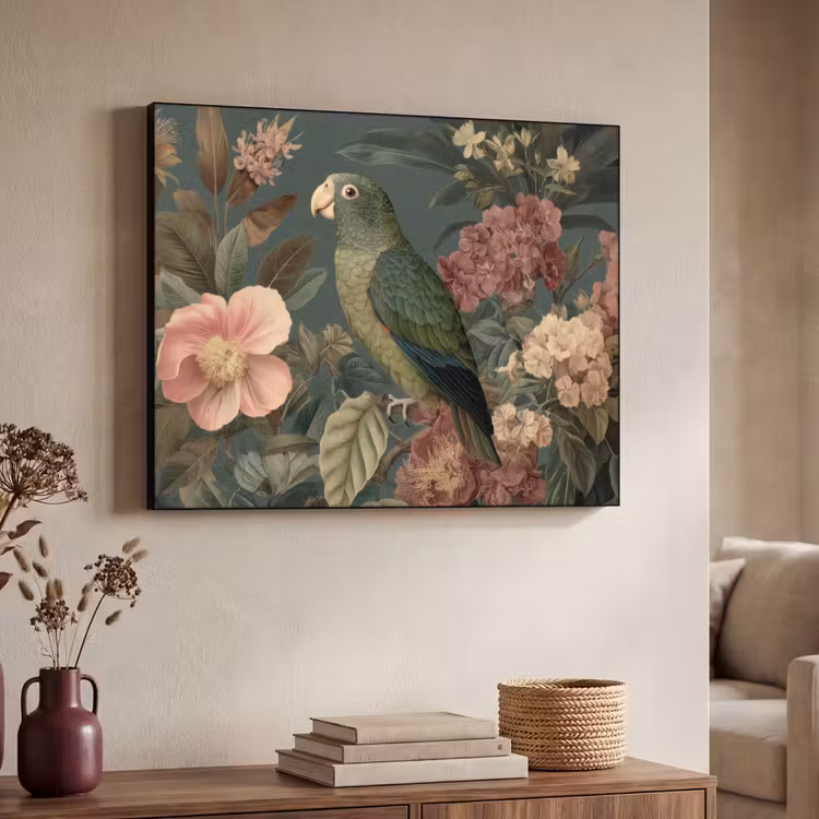 Groene papegaai - Kleurrijke bloemen - Donkere achtergrond Textielframe - compleet frame klein -sfeer3