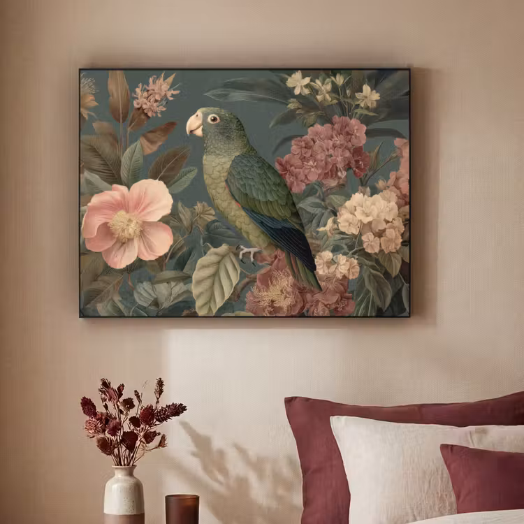 Groene papegaai - Kleurrijke bloemen - Donkere achtergrond Textielframe - compleet frame klein -sfeer1