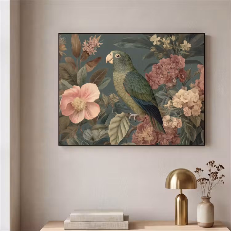 Groene papegaai - Kleurrijke bloemen - Donkere achtergrond Textielframe zwart klein -sfeer2