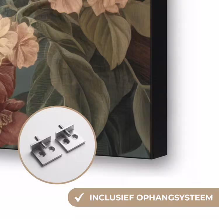 Groene papegaai - Kleurrijke bloemen - Donkere achtergrond Textielframe zwart klein -USP_ophangsysteemNL