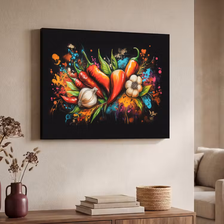 Groente - Peper - Knoflook - Graffiti - Verf - Kleurrijk Textielframe zwart klein -sfeer3