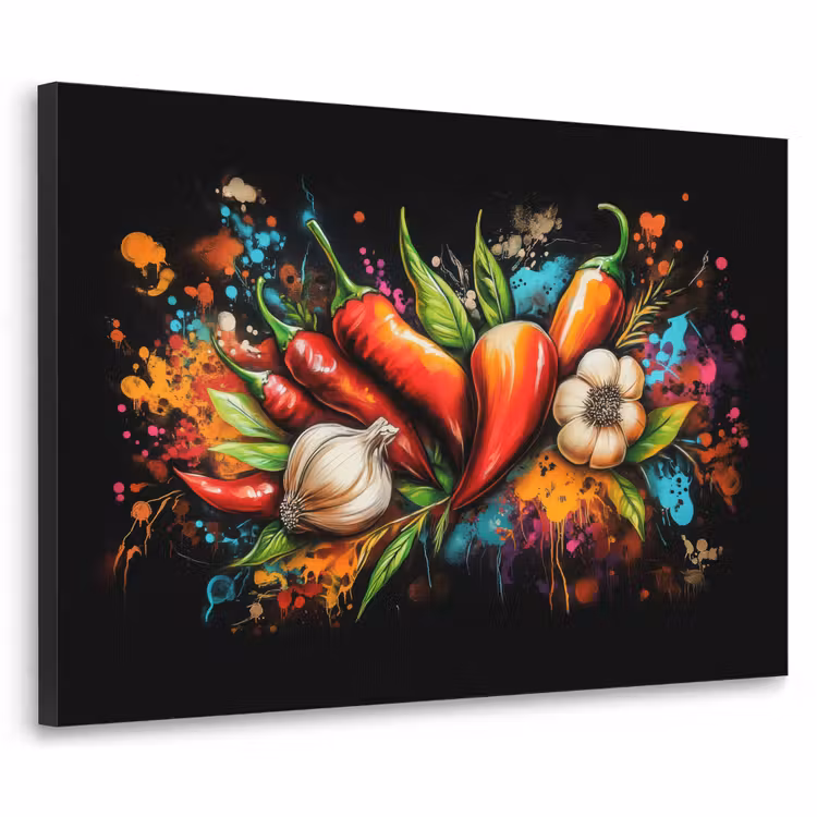 Groente - Peper - Knoflook - Graffiti - Verf - Kleurrijk Textielframe zwart klein -3d