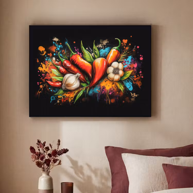 Groente - Peper - Knoflook - Graffiti - Verf - Kleurrijk Textielframe zwart klein -sfeer1