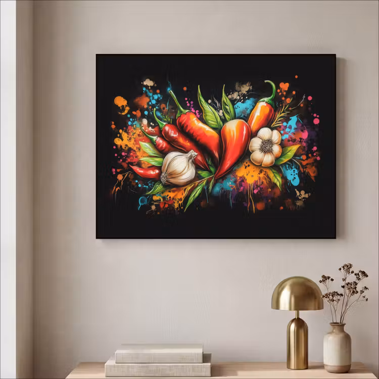 Groente - Peper - Knoflook - Graffiti - Verf - Kleurrijk Textielframe - compleet frame klein -sfeer2