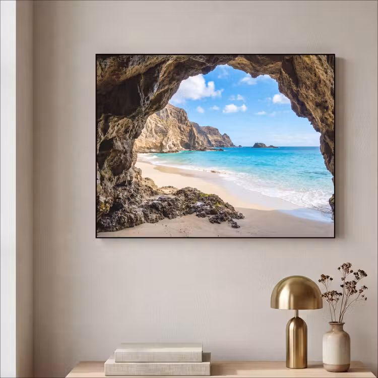 Grot - Strand - Zee - Blauw Textielframe zwart klein -sfeer2