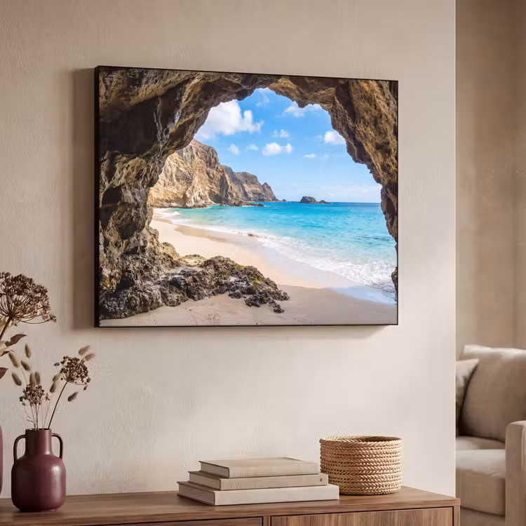 Grot - Strand - Zee - Blauw Textielframe zwart klein -sfeer3