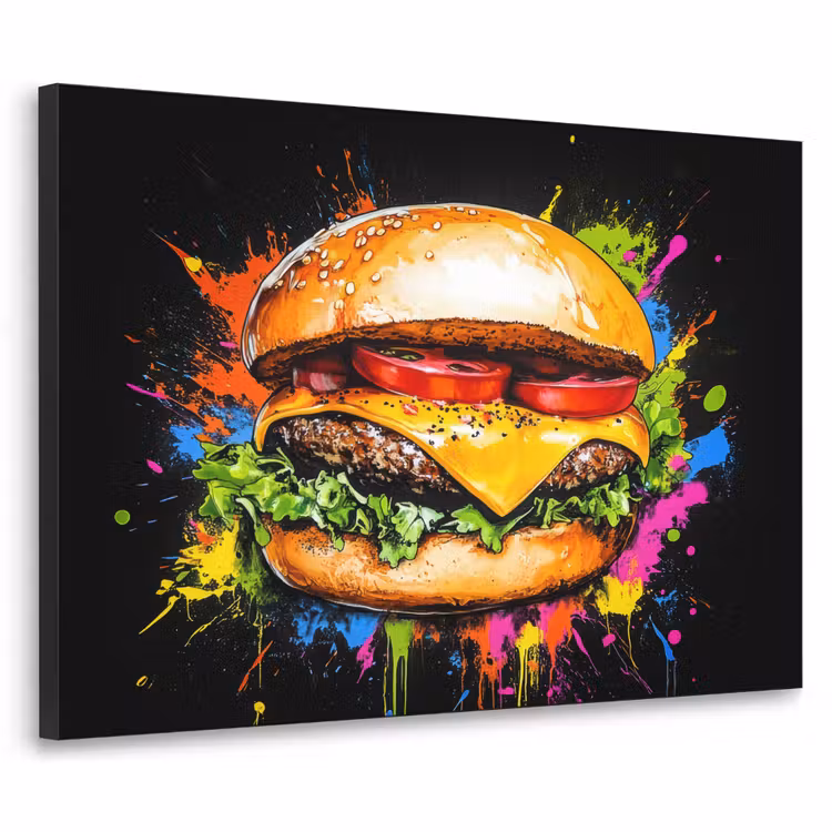 Hamburger - Graffiti - Verf - Kleurrijk - Eten - Abstract Textielframe - compleet frame klein -3d