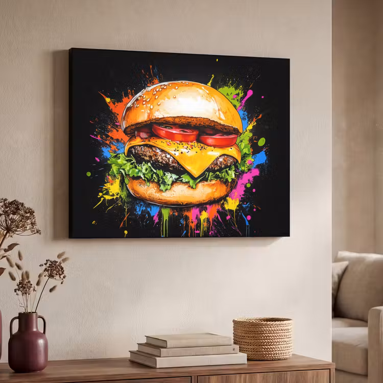 Hamburger - Graffiti - Verf - Kleurrijk - Eten - Abstract Textielframe zwart klein -sfeer3