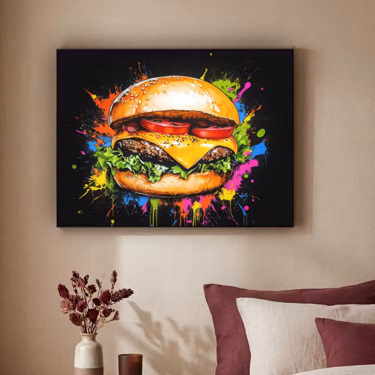 Hamburger - Graffiti - Verf - Kleurrijk - Eten - Abstract Textielframe - compleet frame klein -sfeer1