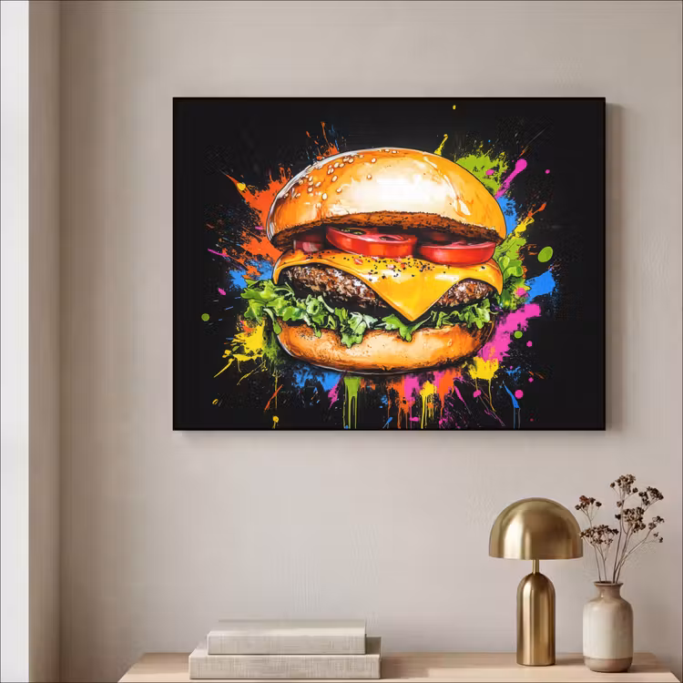 Hamburger - Graffiti - Verf - Kleurrijk - Eten - Abstract Textielframe - compleet frame klein -sfeer2