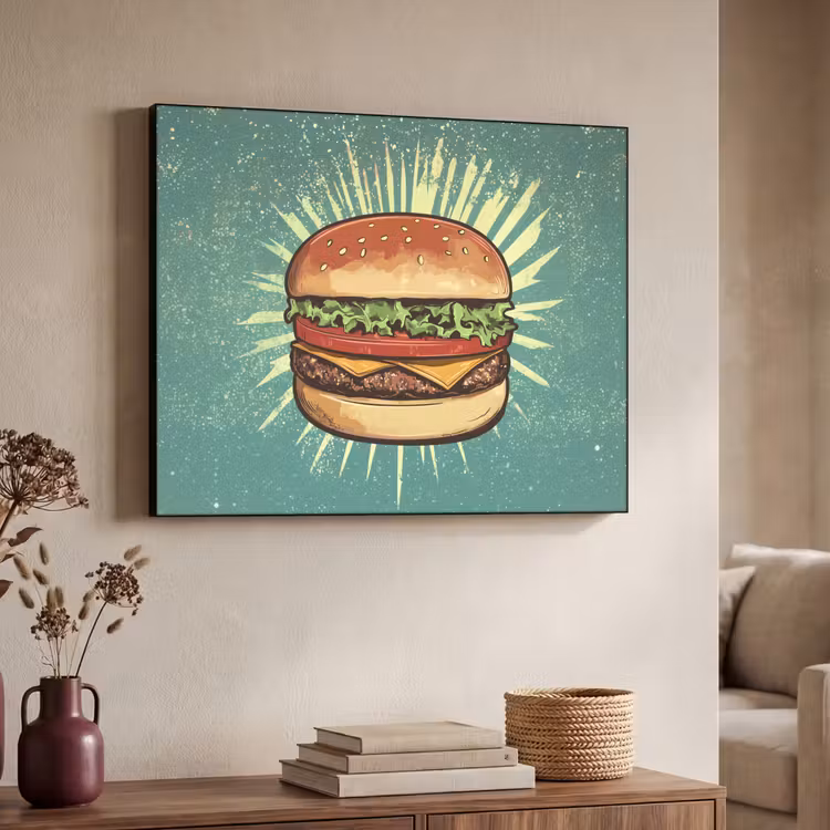 Hamburger - Illustratie - Sla - Kaas Textielframe zwart klein -sfeer3
