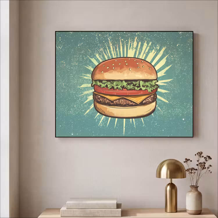 Hamburger - Illustratie - Sla - Kaas Textielframe zwart klein -sfeer2