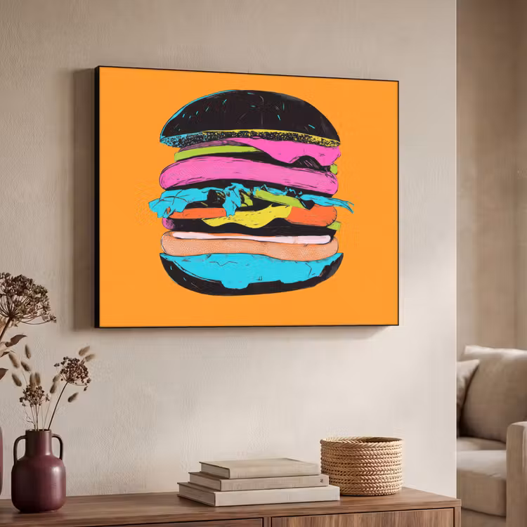 Hamburger - Kleurrijk - Speels Textielframe zwart klein -sfeer3