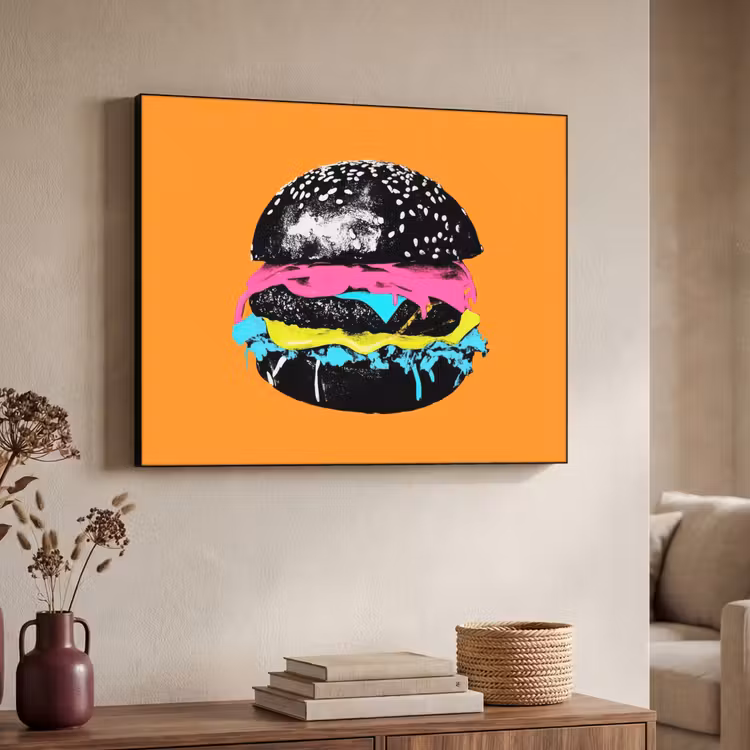 Hamburger - Oranje - Neon - popart Textielframe - compleet frame klein -sfeer3