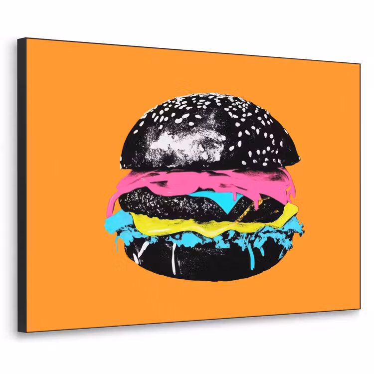 Hamburger - Oranje - Neon - popart Textielframe zwart klein -3d