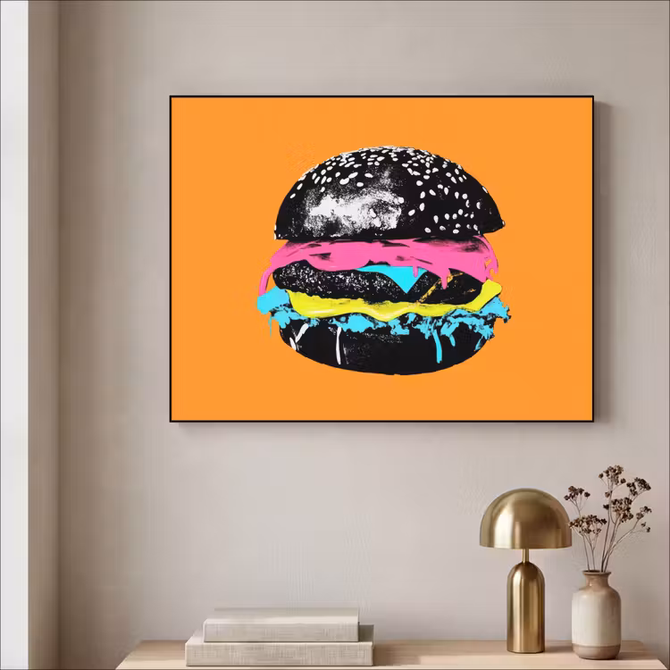 Hamburger - Oranje - Neon - popart Textielframe - compleet frame klein -sfeer2