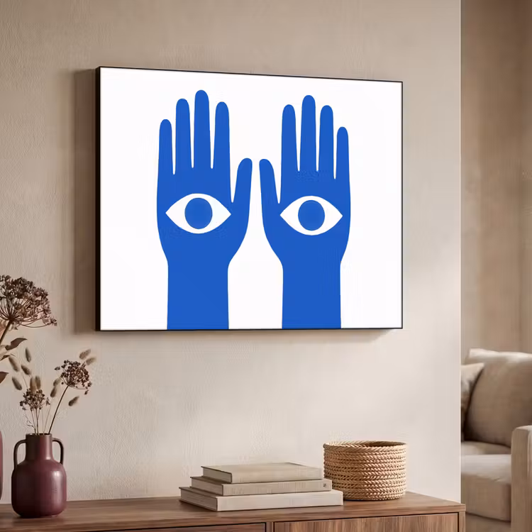 Handen - Twee - Ogen - Blauw Textielframe zwart klein -sfeer3