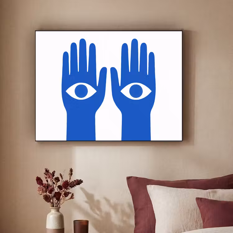 Handen - Twee - Ogen - Blauw Textielframe zwart klein -sfeer1