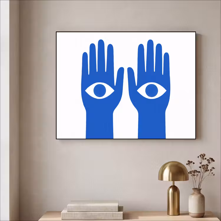 Handen - Twee - Ogen - Blauw Textielframe zwart klein -sfeer2